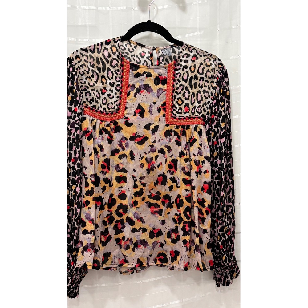 Blank London Leopard Print Embroidered Long Sleeve Blouse Pink Tan XSโ